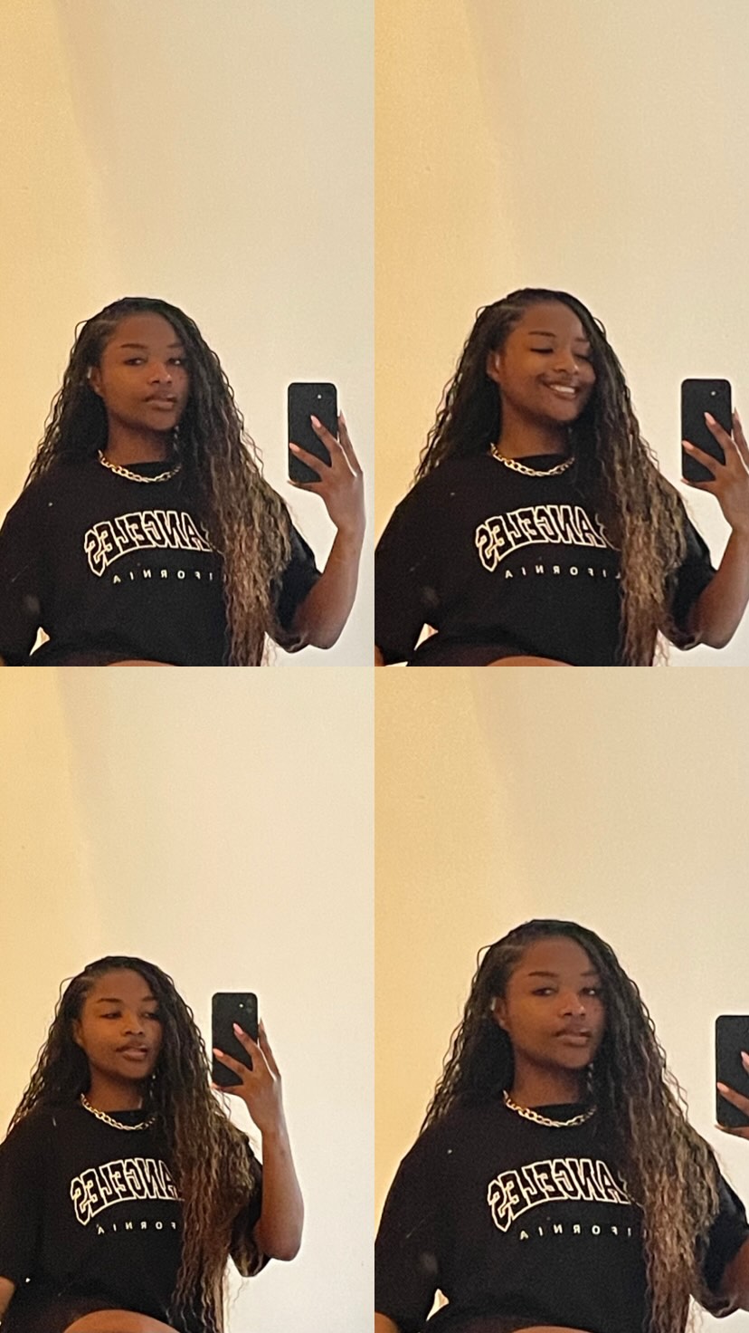Colagem de Georgina Tomás a sorrir, com t-shirt preta e corrente dourada